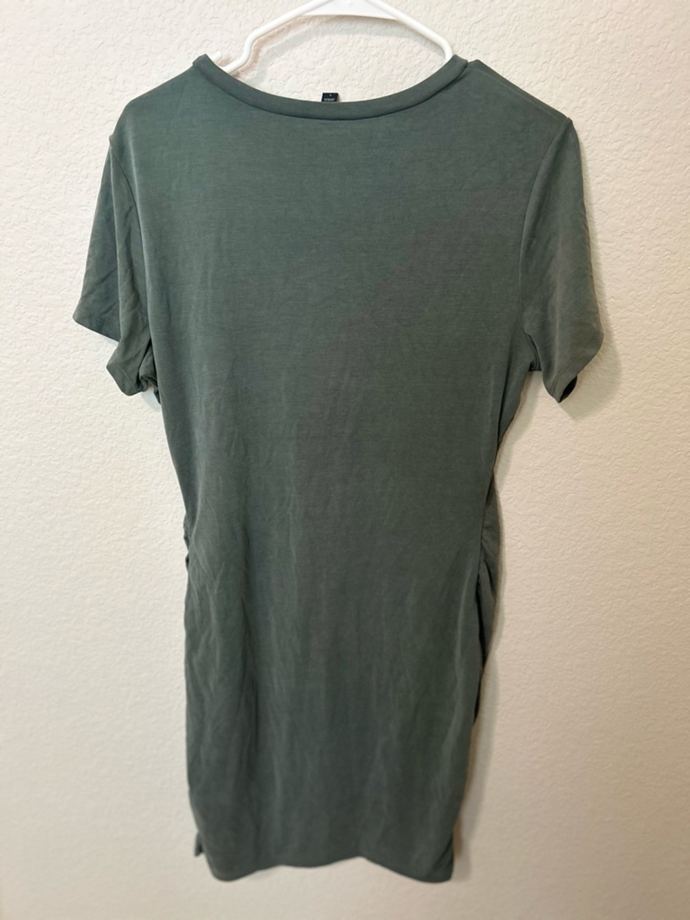 Express Silky Suede Modal T-Shirt Dress Olive Green Ruched Hem Size Large - Picture 6 of 6